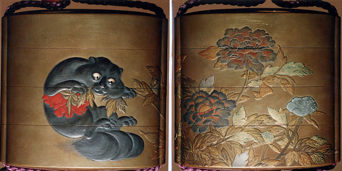 Case (Inrō) with Design of Flowering Peonies (obverse) Cat Biting into Peony Stem (reverse), Lacquer, kinji, gold, silver, red and coloured hiramakie, takamakie, inlaid eyes; Interior: fundame, Japan 