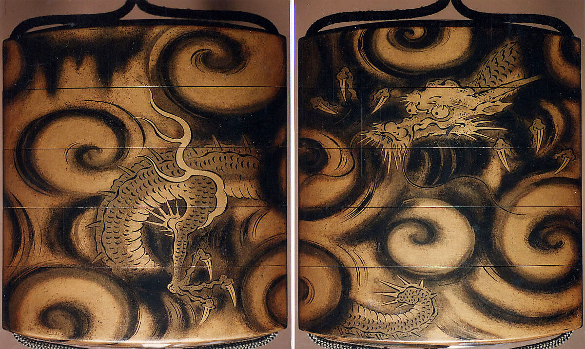 Case (Inrō) with Design of Dragon among Spiraling Clouds, Lacquer, fundame, sumie togidashi; Interior: gyobu nashiji & fundame, Japan 