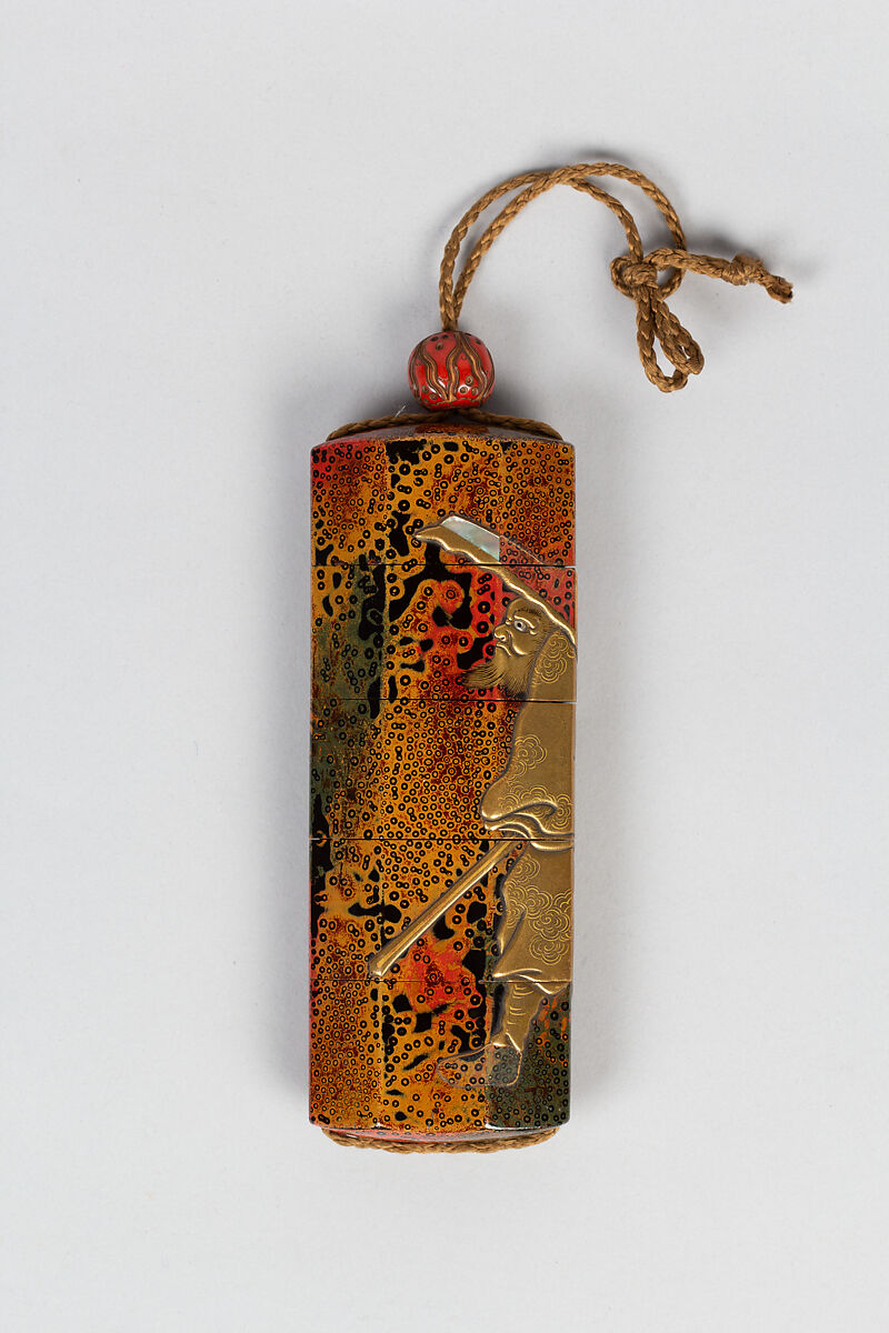 Case (Inrō) with Design of Shoki with Wide Hat and Sword, Lacquer, wakasa nuri, mottled ground, gold and silver hiramakie, raden; Interior: roiro and fundame, Japan 