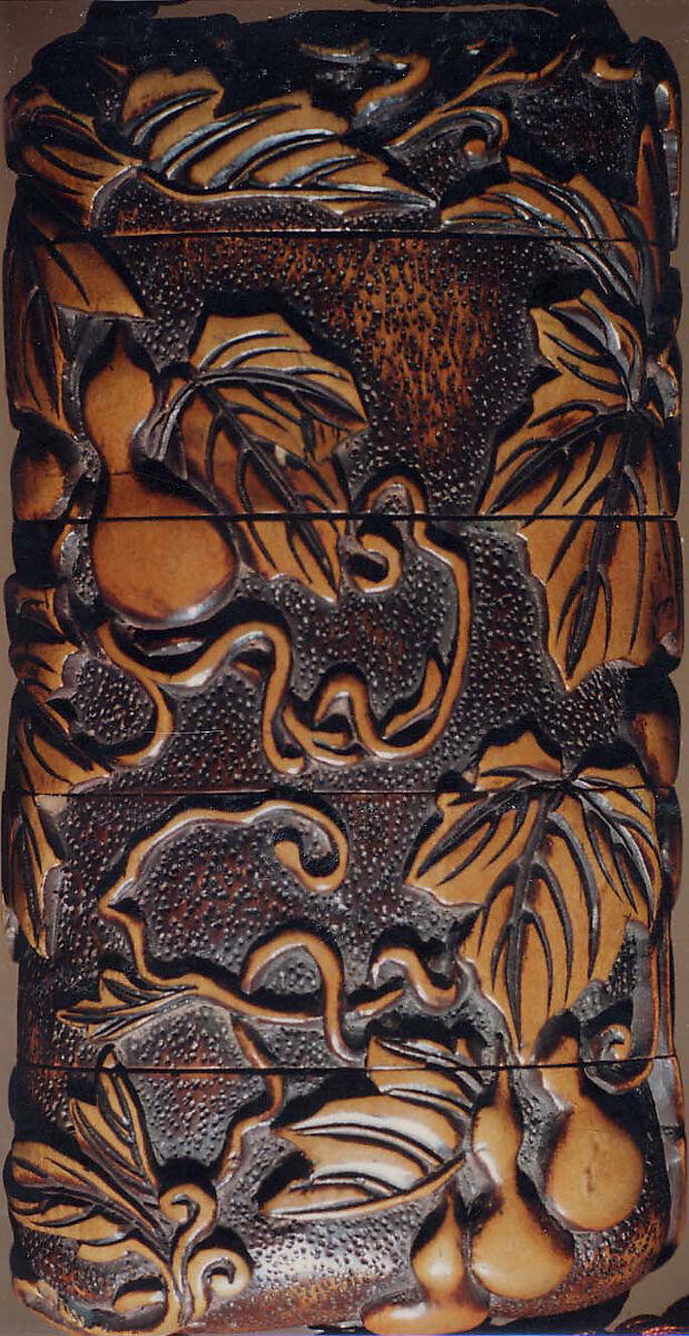 Case (Inrō) with Design of Gourd Vine, Wood, carved relief, incised, stained; Interior: dark brown, Japan