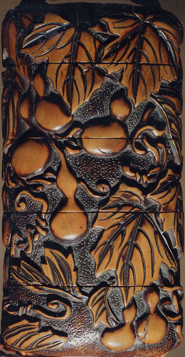 Case (Inrō) with Design of Gourd Vine, Wood, carved relief, incised, stained; Interior: dark brown, Japan