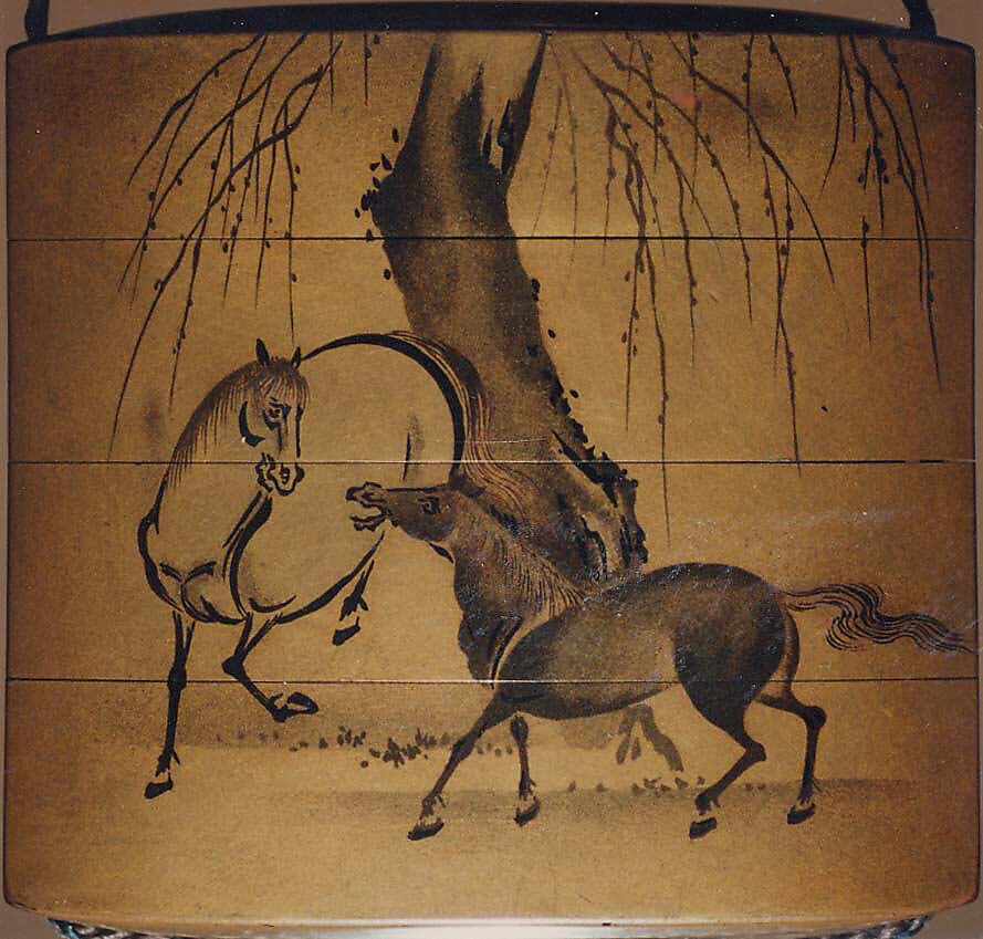 Case (Inrō) with Design of Two Horses beneath Leafless Weeping Willow Tree, Lacquer, fundame, sumie togidashi; Interior: red lacquer and fundame, Japan