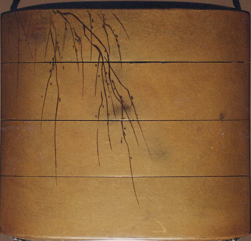 Case (Inrō) with Design of Two Horses beneath Leafless Weeping Willow Tree, Lacquer, fundame, sumie togidashi; Interior: red lacquer and fundame, Japan