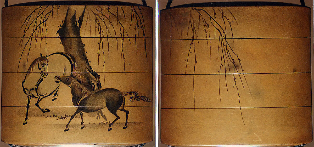 Case (Inrō) with Design of Two Horses beneath Leafless Weeping Willow Tree, Lacquer, fundame, sumie togidashi; Interior: red lacquer and fundame, Japan 