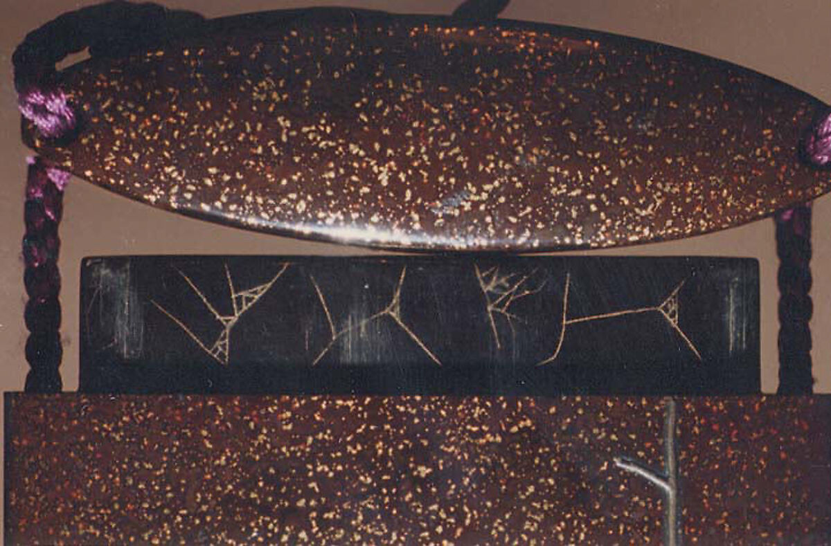 Case (Inrō) with Design of Hawk Attacking Crane beside  Rocks and Plants, Lacquer, roiro, nashiji, gold, silver and brown hiramakie, raden inlay; Interior: roiro, fundame & chinkinbori decoration, Japan