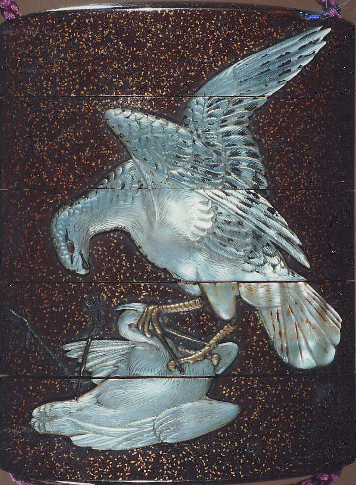 Case (Inrō) with Design of Hawk Attacking Crane beside  Rocks and Plants, Lacquer, roiro, nashiji, gold, silver and brown hiramakie, raden inlay; Interior: roiro, fundame & chinkinbori decoration, Japan