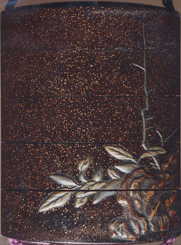 Case (Inrō) with Design of Hawk Attacking Crane beside  Rocks and Plants, Lacquer, roiro, nashiji, gold, silver and brown hiramakie, raden inlay; Interior: roiro, fundame & chinkinbori decoration, Japan