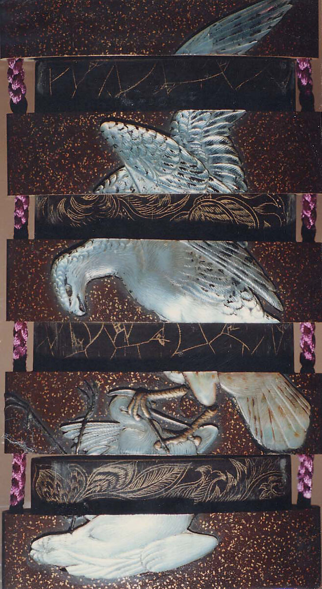 Case (Inrō) with Design of Hawk Attacking Crane beside  Rocks and Plants, Lacquer, roiro, nashiji, gold, silver and brown hiramakie, raden inlay; Interior: roiro, fundame & chinkinbori decoration, Japan