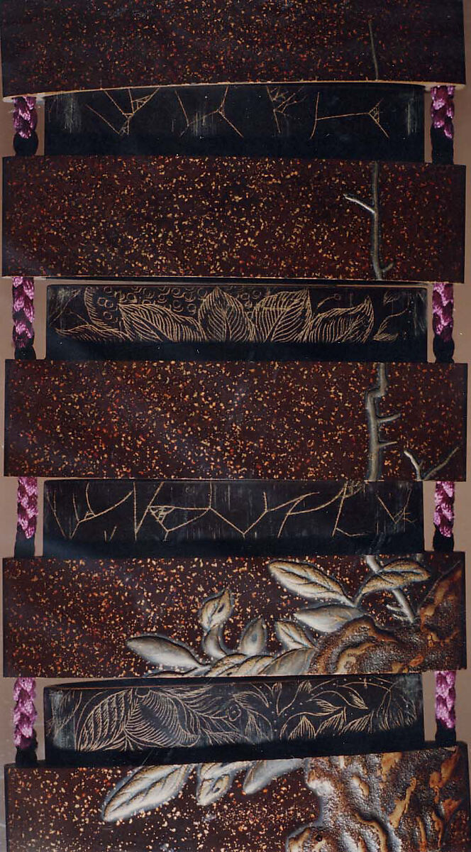 Case (Inrō) with Design of Hawk Attacking Crane beside  Rocks and Plants, Lacquer, roiro, nashiji, gold, silver and brown hiramakie, raden inlay; Interior: roiro, fundame & chinkinbori decoration, Japan