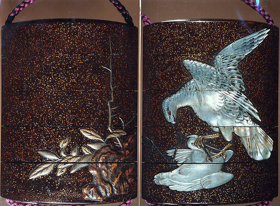 Case (Inrō) with Design of Hawk Attacking Crane beside  Rocks and Plants, Lacquer, roiro, nashiji, gold, silver and brown hiramakie, raden inlay; Interior: roiro, fundame & chinkinbori decoration, Japan 