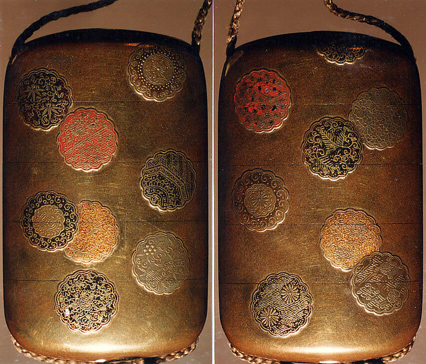 Case (Inrō) with Design of Scalloped Medallions, Gold maki-e and colored lacquer, Japan 