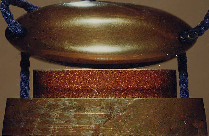 Case (Inrō) with Design of Court Lady in Boat with Drum (obverse);  Geese Taking Flight (reverse), Shibayama Shokasai (Japanese), Lacquer, kinji, gold hiramakie, kirigane, nashiji, metal, ivory, raden inlay; Interior: nashiji and fudame, Japan