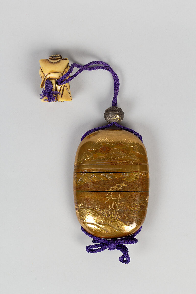 Case (Inrō) with Design of Court Lady in Boat with Drum (obverse);  Geese Taking Flight (reverse), Shibayama Shokasai (Japanese), Lacquer, kinji, gold hiramakie, kirigane, nashiji, metal, ivory, raden inlay; Interior: nashiji and fudame, Japan