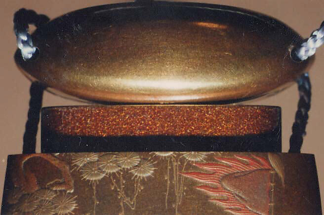 Case (Inrō) with Design of Caparisoned Elephant Standing beneath Pine Tree (obverse); Three Children with Trumpet, Cymbals and Banner (reverse), Lacquer, kinji, gold, red, black and brown hiramakie, various inlay; Interior: nashiji and fundame, Japan