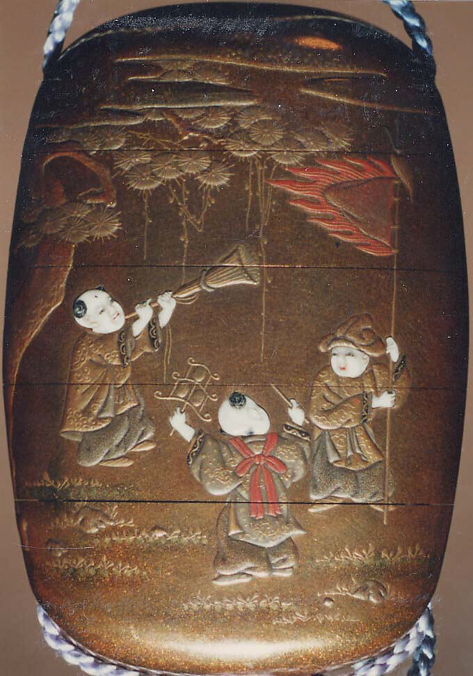 Case (Inrō) with Design of Caparisoned Elephant Standing beneath Pine Tree (obverse); Three Children with Trumpet, Cymbals and Banner (reverse), Lacquer, kinji, gold, red, black and brown hiramakie, various inlay; Interior: nashiji and fundame, Japan