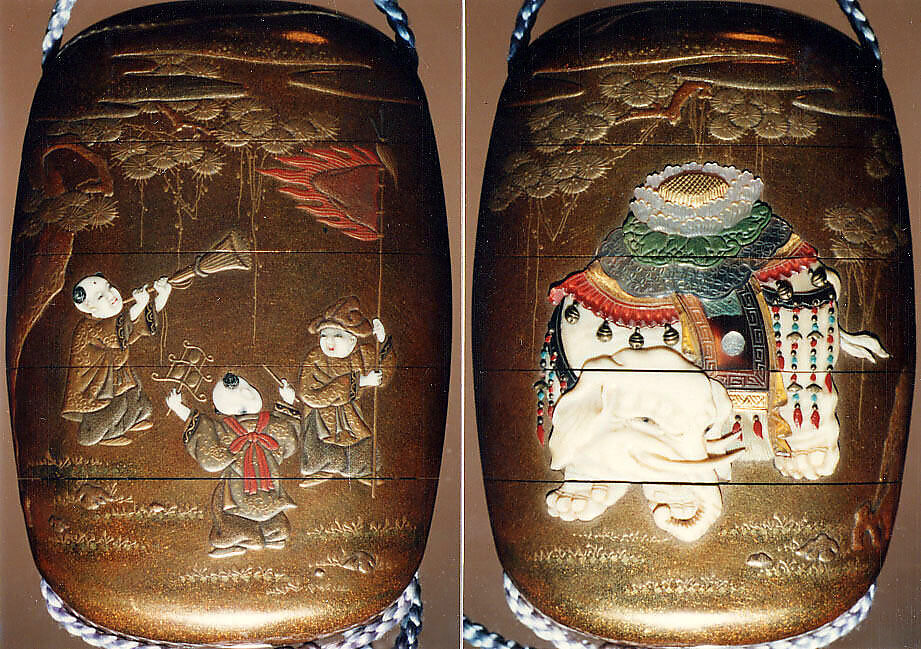 Case (Inrō) with Design of Caparisoned Elephant Standing beneath Pine Tree (obverse); Three Children with Trumpet, Cymbals and Banner (reverse), Lacquer, kinji, gold, red, black and brown hiramakie, various inlay; Interior: nashiji and fundame, Japan 