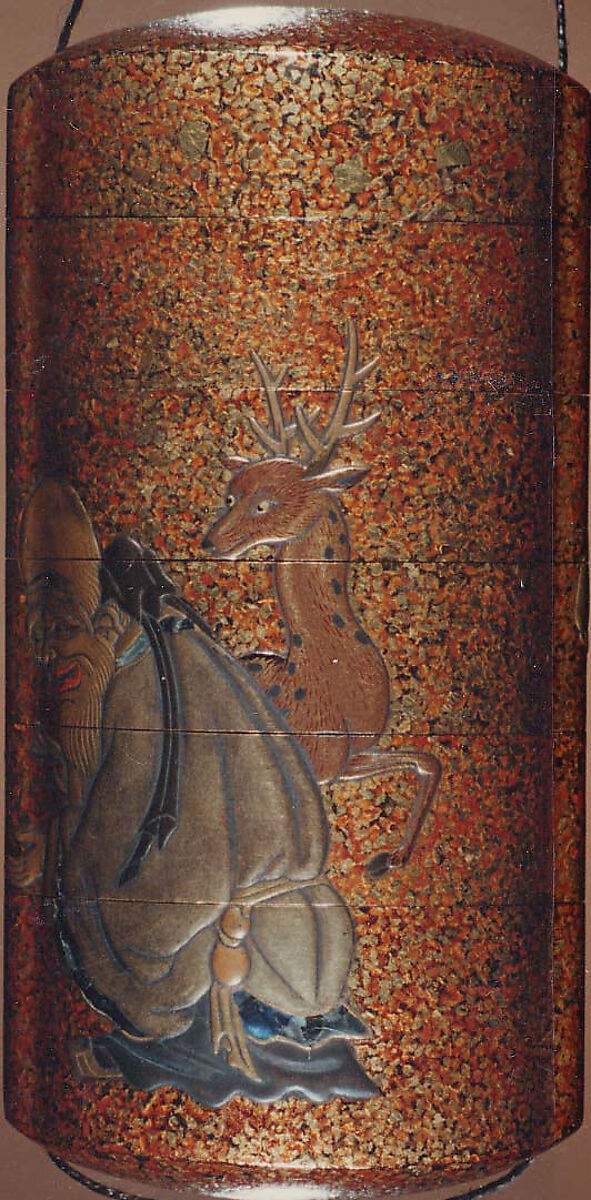 Case (Inrō) with Design of Jurōjin (God of Longevity) Seated beside Stag (obverse); Sage with Crane and Fly Whisk (reverse), Lacquer, nashiji, hirame, gold and coloured hiramakie, takamakie; Interior: nashiji and fundame, Japan