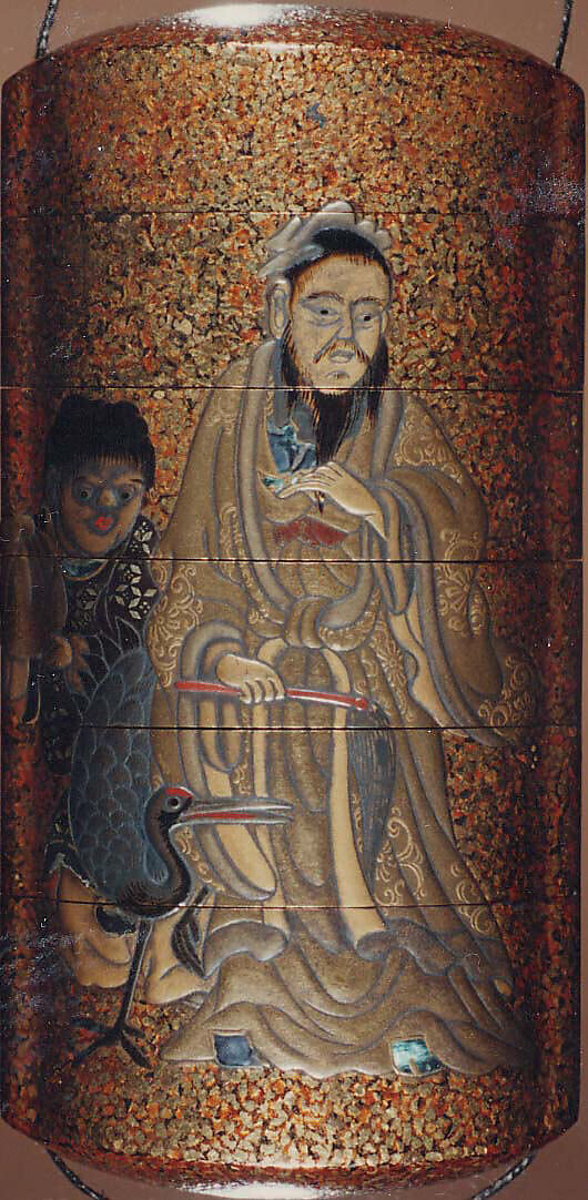 Case (Inrō) with Design of Jurōjin (God of Longevity) Seated beside Stag (obverse); Sage with Crane and Fly Whisk (reverse), Lacquer, nashiji, hirame, gold and coloured hiramakie, takamakie; Interior: nashiji and fundame, Japan