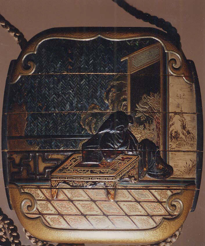 Case (Inrō) with Design of Sages Seated beside Table in Front of Screens, Lacquer, kinji, gold, silver, dark brown and red hiramakie, aogai, white lacquer; Interior: nashiji and fundame, Japan