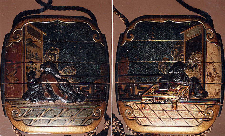 Case (Inrō) with Design of Sages Seated beside Table in Front of Screens, Lacquer, kinji, gold, silver, dark brown and red hiramakie, aogai, white lacquer; Interior: nashiji and fundame, Japan 