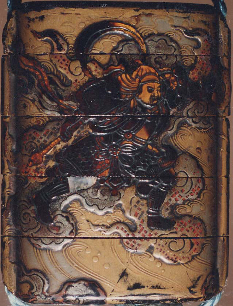 Case (Inrō) with Design of Bishamon on Clouds Pursuing Demon (Oni) Holding Sacred Gem, Lacquer, roiro and rubbed fundame, gold and silver hiramakie, tortoiseshell; Interior: nashiji and fundame, Japan