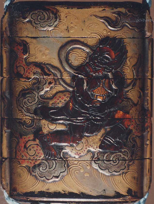 Case (Inrō) with Design of Bishamon on Clouds Pursuing Demon (Oni) Holding Sacred Gem, Lacquer, roiro and rubbed fundame, gold and silver hiramakie, tortoiseshell; Interior: nashiji and fundame, Japan