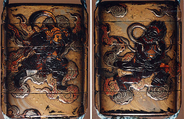 Case (Inrō) with Design of Bishamon on Clouds Pursuing Demon (Oni) Holding Sacred Gem