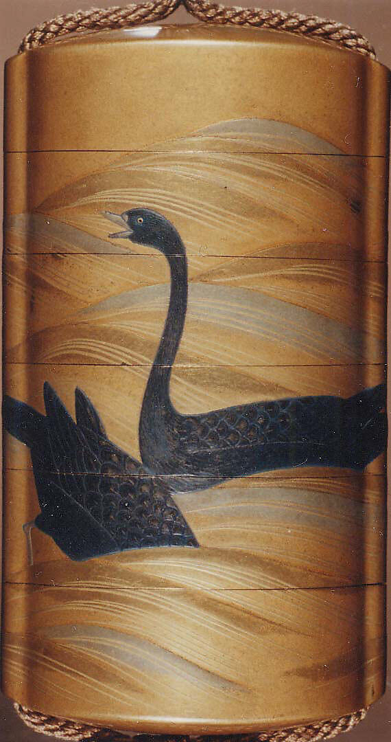 Case (Inrō) with Design of Three Geese Swimming and Diving on Waves, Lacquer, fundame, black, silver, gold hiramakie, takamakie; Interior: nashiji, fundame and hirame, Japan