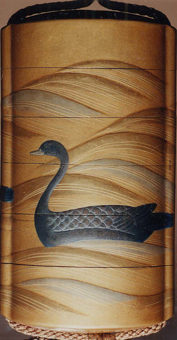 Case (Inrō) with Design of Three Geese Swimming and Diving on Waves, Lacquer, fundame, black, silver, gold hiramakie, takamakie; Interior: nashiji, fundame and hirame, Japan