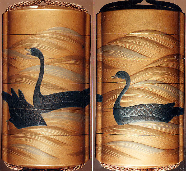 Case (Inrō) with Design of Three Geese Swimming and Diving on Waves, Lacquer, fundame, black, silver, gold hiramakie, takamakie; Interior: nashiji, fundame and hirame, Japan 