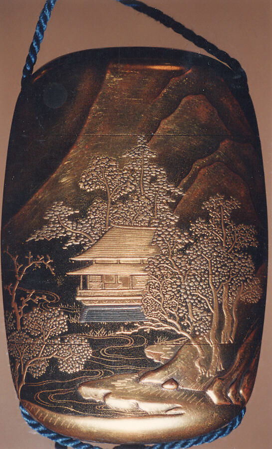 Case (Inrō) with Design of Building beside Winding River in Mountain Landscape and Full Moon, Lacquer, kinji, gold, silver and black hiramakie, togidashi, nashiji; Interior: nashiji and fundame, Japan