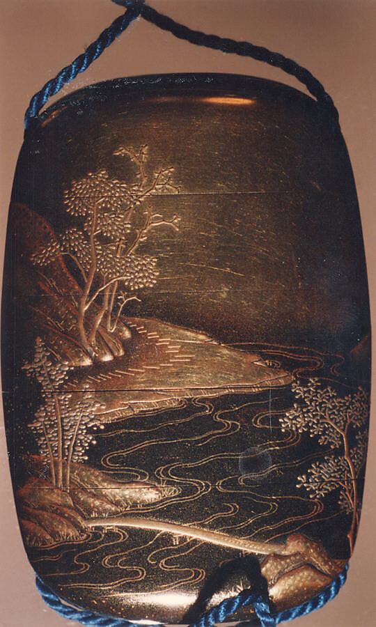 Case (Inrō) with Design of Building beside Winding River in Mountain Landscape and Full Moon, Lacquer, kinji, gold, silver and black hiramakie, togidashi, nashiji; Interior: nashiji and fundame, Japan
