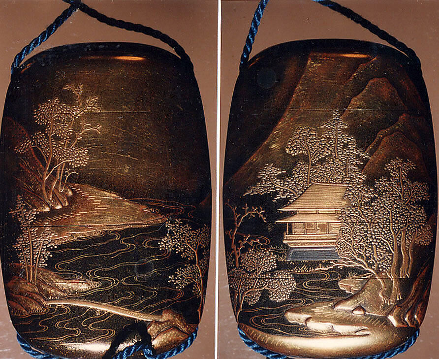 Case (Inrō) with Design of Building beside Winding River in Mountain Landscape and Full Moon, Lacquer, kinji, gold, silver and black hiramakie, togidashi, nashiji; Interior: nashiji and fundame, Japan 