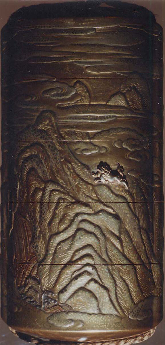 Case (Inrō) with Design of Shishi Dog Throwing its Young from Rocks (obverse); Shishi Dog Climbing up a Cliff (reverse), Lacquer, kinji, gold and silver hiramakie, takamakie, kirigane, applied metal; Interior: nashiji and fundame, Japan