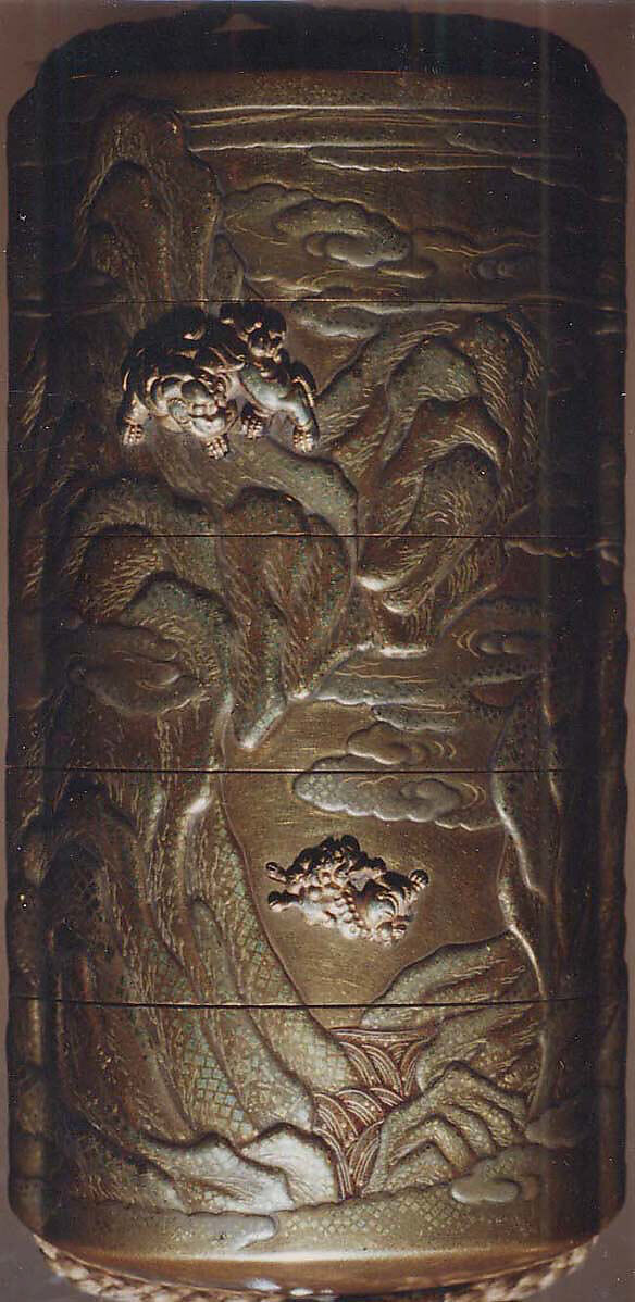 Case (Inrō) with Design of Shishi Dog Throwing its Young from Rocks (obverse); Shishi Dog Climbing up a Cliff (reverse), Lacquer, kinji, gold and silver hiramakie, takamakie, kirigane, applied metal; Interior: nashiji and fundame, Japan