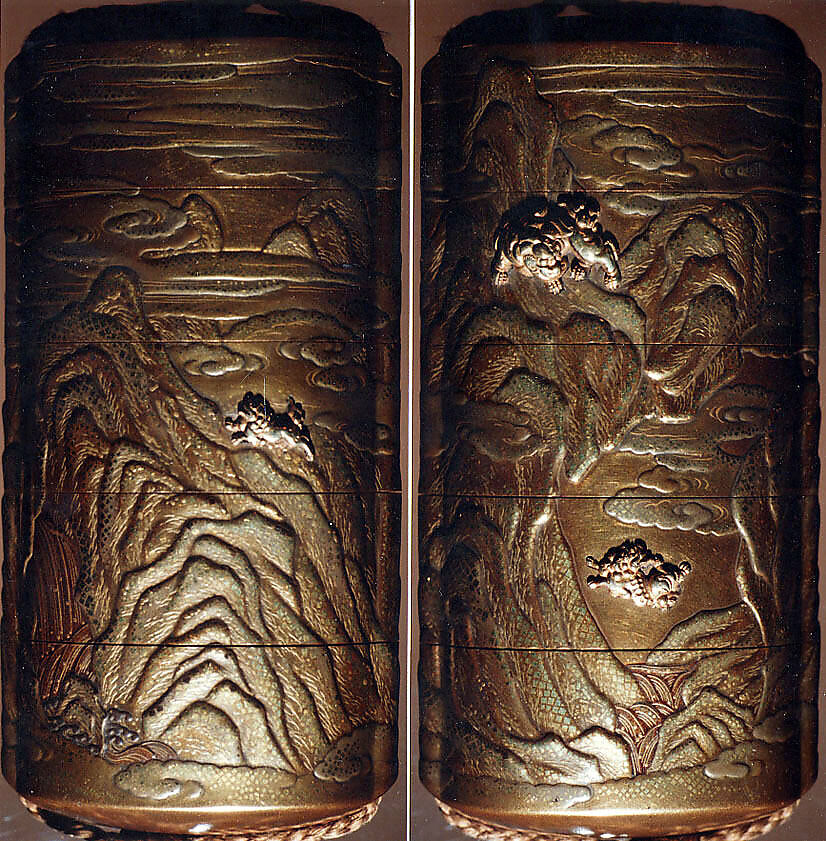 Case (Inrō) with Design of Shishi Dog Throwing its Young from Rocks (obverse); Shishi Dog Climbing up a Cliff (reverse), Lacquer, kinji, gold and silver hiramakie, takamakie, kirigane, applied metal; Interior: nashiji and fundame, Japan 