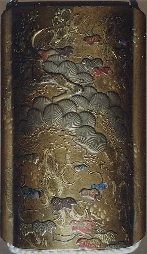 Saya Inrō with Pine and Ivy (obverse) and Bamboo Grove (reverse), Sheath shape; lacquered wood with gold and silver takamaki-e, hiramaki-e, togidashimaki-e, and colored ivory inlay on gold lacquer ground Netsuke: kagamibuta type, lotus pad with frog; stained ivory and metal, Japan