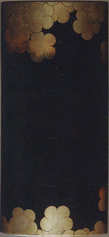 Saya Inrō with Pine and Ivy (obverse) and Bamboo Grove (reverse), Sheath shape; lacquered wood with gold and silver takamaki-e, hiramaki-e, togidashimaki-e, and colored ivory inlay on gold lacquer ground Netsuke: kagamibuta type, lotus pad with frog; stained ivory and metal, Japan