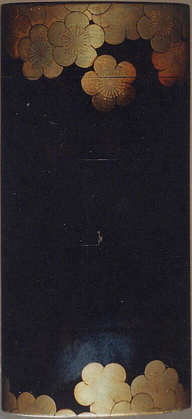 Saya Inrō with Pine and Ivy (obverse) and Bamboo Grove (reverse), Sheath shape; lacquered wood with gold and silver takamaki-e, hiramaki-e, togidashimaki-e, and colored ivory inlay on gold lacquer ground Netsuke: kagamibuta type, lotus pad with frog; stained ivory and metal, Japan