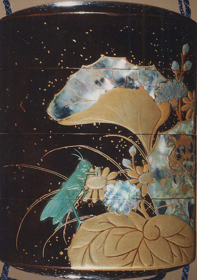 Case (Inrō) with Design of Flowering Plants with Dragonfly and Insects, Lacquer, roiro, hirame, gold and red hiramakie, aogai, raden, stained ivory; Interior: nashiji and fundame, Japan