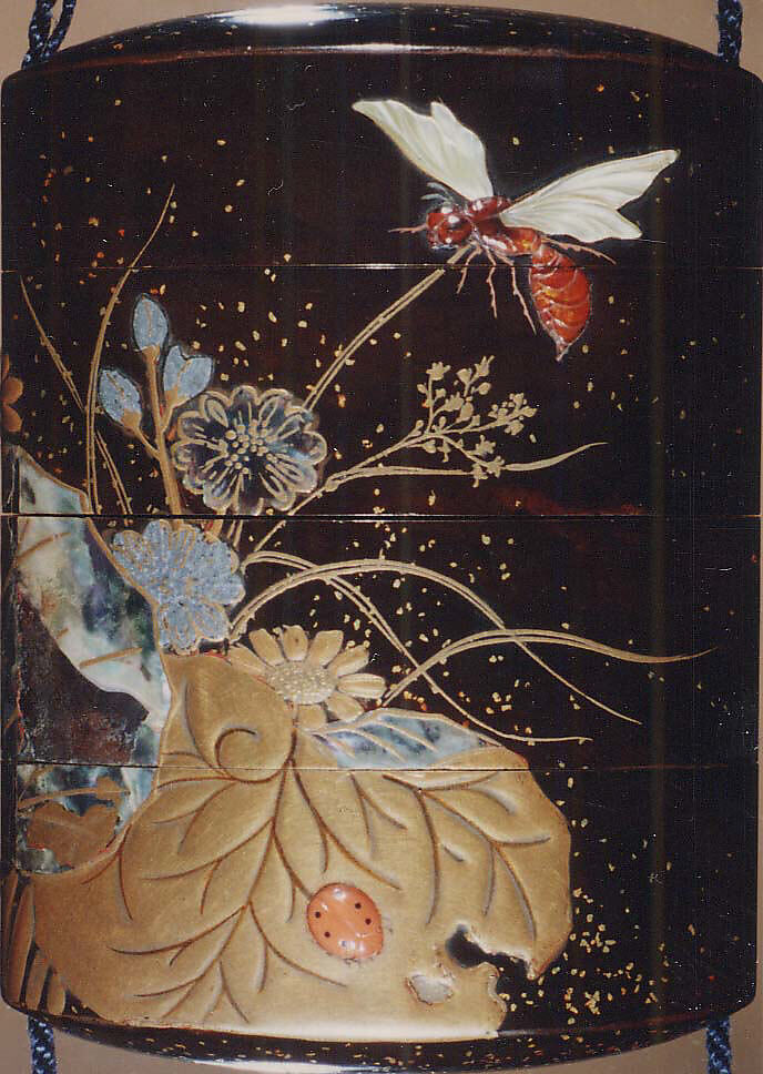 Case (Inrō) with Design of Flowering Plants with Dragonfly and Insects, Lacquer, roiro, hirame, gold and red hiramakie, aogai, raden, stained ivory; Interior: nashiji and fundame, Japan