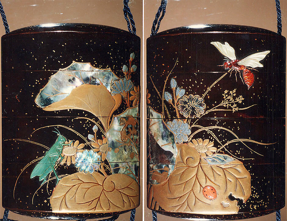 Case (Inrō) with Design of Flowering Plants with Dragonfly and Insects, Lacquer, roiro, hirame, gold and red hiramakie, aogai, raden, stained ivory; Interior: nashiji and fundame, Japan 