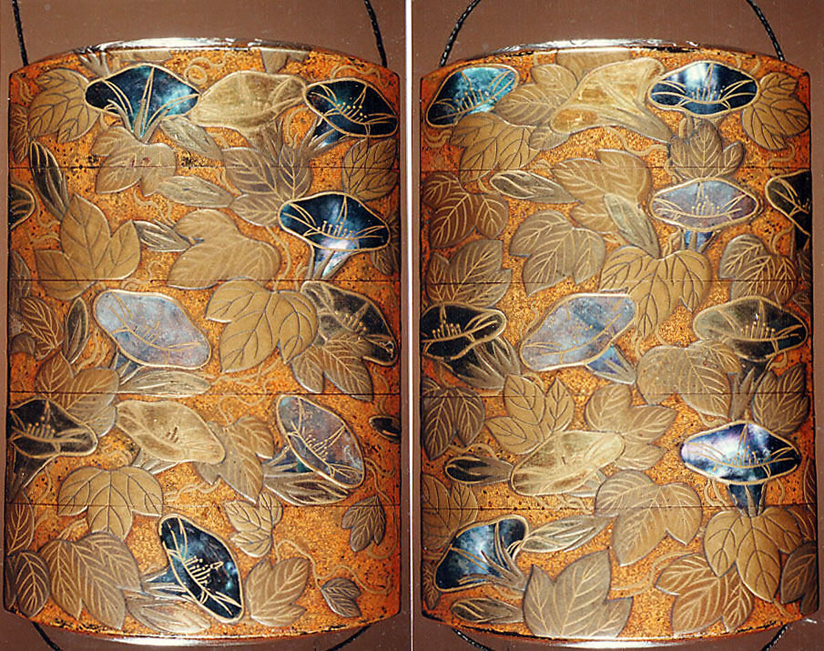 Case (Inrō) with Design of Flowering Morning Glory, Lacquer, nashiji, gold and silver hiramakie, aogai inlay; Interior: nashiji and fundame, Japan 
