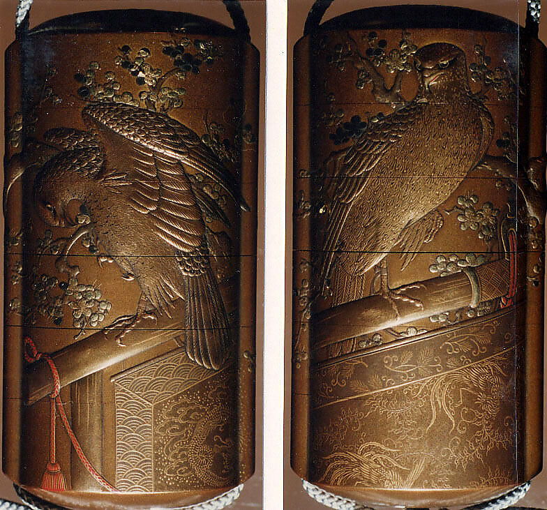 Case (Inrō) with Design of Falcon on Perches and Blossoming Plum Tree, Gold lacquer with silver, black and red makie and gold and silver inlay Lacquer, fundame, gold, silver, black and red hiramakie, gold foil; Interior: nashiji and fundame, Japan