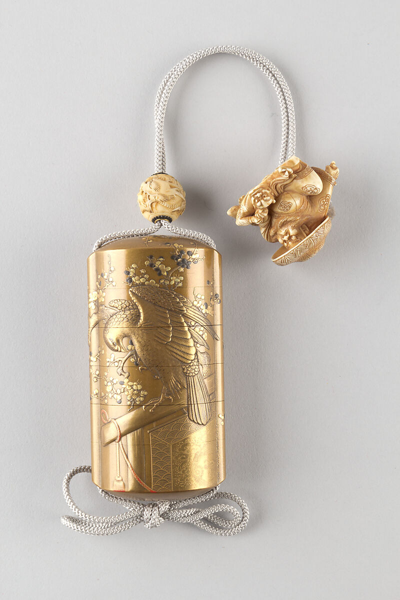 Case (Inrō) with Design of Falcon on Perches and Blossoming Plum Tree, Gold lacquer with silver, black and red makie and gold and silver inlay Lacquer, fundame, gold, silver, black and red hiramakie, gold foil; Interior: nashiji and fundame, Japan 