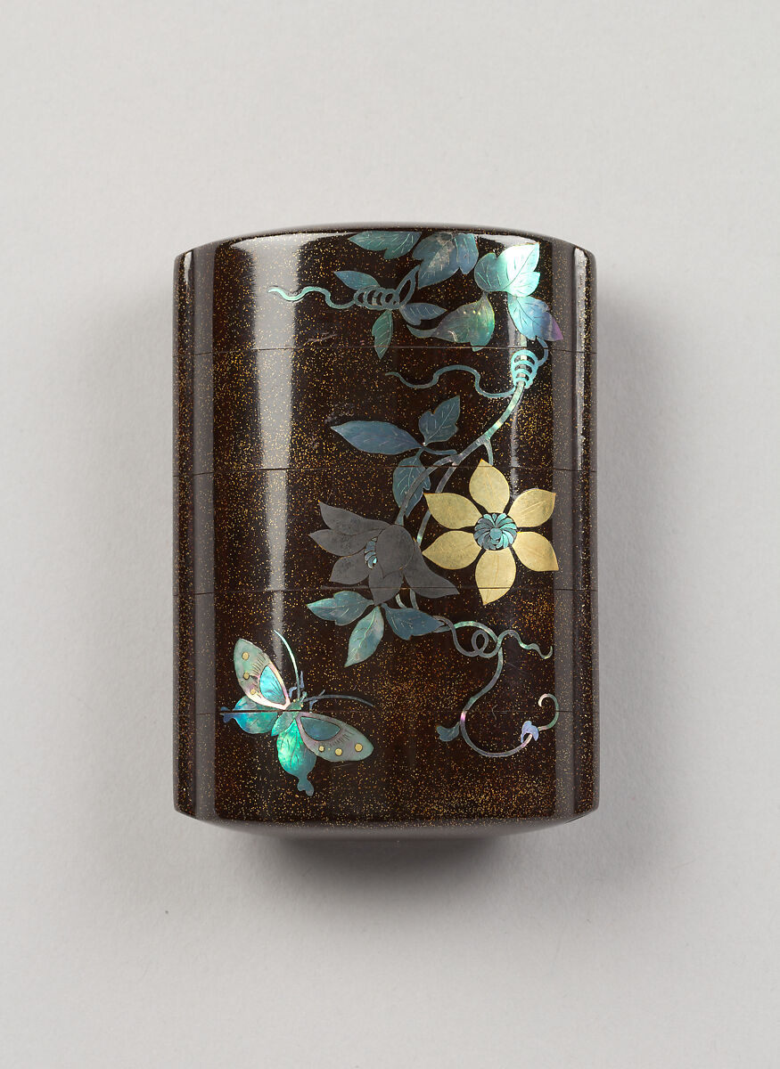 Case (Inrō) with Design of Butterflies in Flight above Flowering Clematis, Lacquer, roiro, nashiji, gold foil, aogai inlay; Interior: red lacquer, nashiji and fundame, Japan 