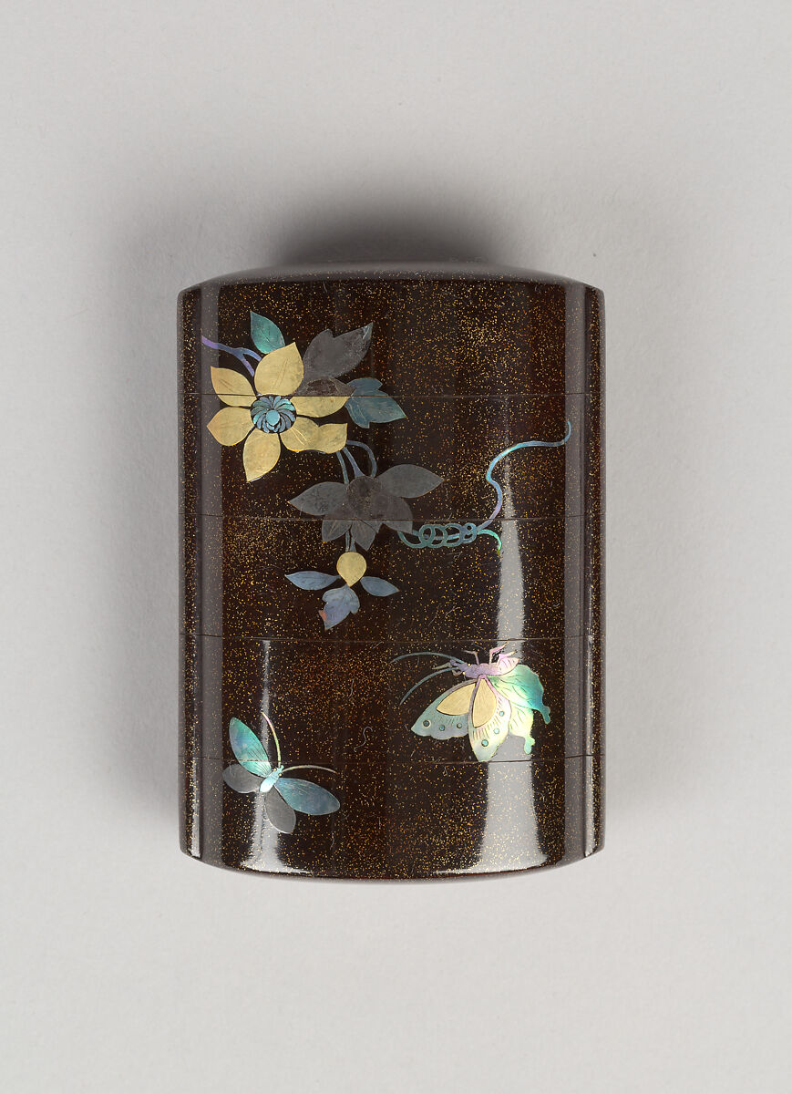Case (Inrō) with Design of Butterflies in Flight above Flowering Clematis, Lacquer, roiro, nashiji, gold foil, aogai inlay; Interior: red lacquer, nashiji and fundame, Japan