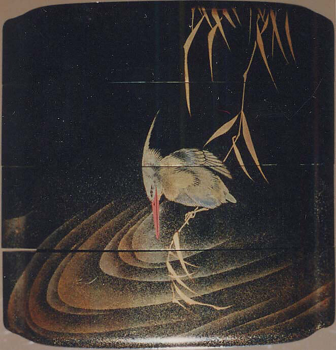 Case (Inrō) with Design of Kingfisher on Reed Stalk above Waves (obverse) Insects on Water Surface (reverse), Lacquer, roiro, gold, silver and coloured togidashi, nashiji; Interior: nashiji and fundame, Japan