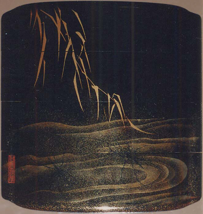 Case (Inrō) with Design of Kingfisher on Reed Stalk above Waves (obverse) Insects on Water Surface (reverse), Lacquer, roiro, gold, silver and coloured togidashi, nashiji; Interior: nashiji and fundame, Japan
