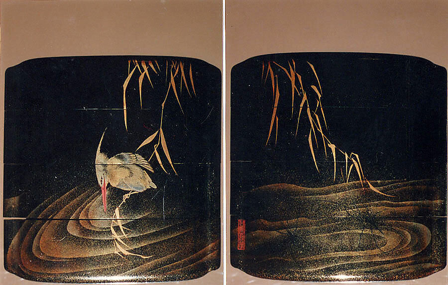 Case (Inrō) with Design of Kingfisher on Reed Stalk above Waves (obverse) Insects on Water Surface (reverse), Lacquer, roiro, gold, silver and coloured togidashi, nashiji; Interior: nashiji and fundame, Japan 